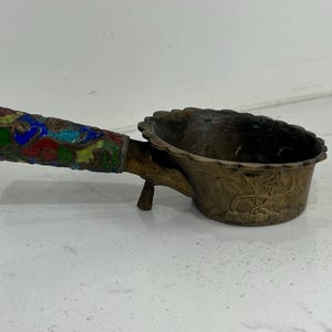 Antique Chinese Brass Iron with Colorful Enamel Decorative Handle Dragon Details 1930&#39;s Chinese Export Antique Brass Chinese Silk Iron