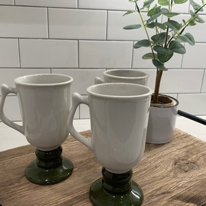 Vintage HALL 1272 Green & White Ceramic Pedestal Irish Coffee Mugs