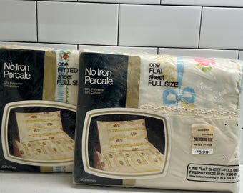 Vintage JCPenney Floral Pale Federal Blue No Iron Percale Full Size Sheet Set