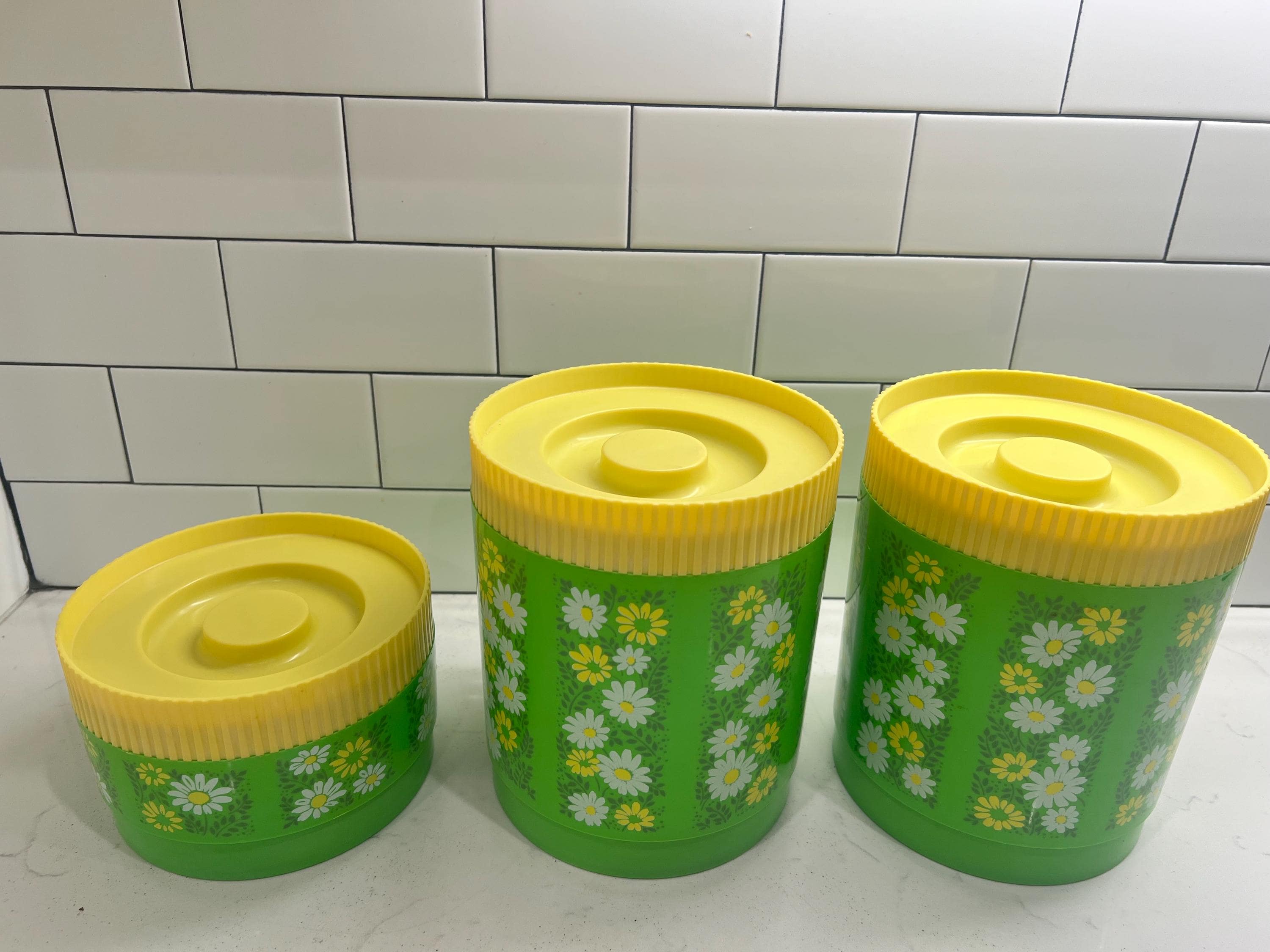 Green Flower Power Aladdinware Canisters Daisy Set W/yellow Lids