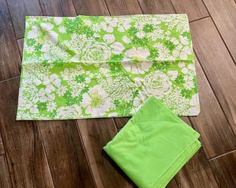 Vintage en retro groen MCM gebloemd dubbel laken en kussensloop