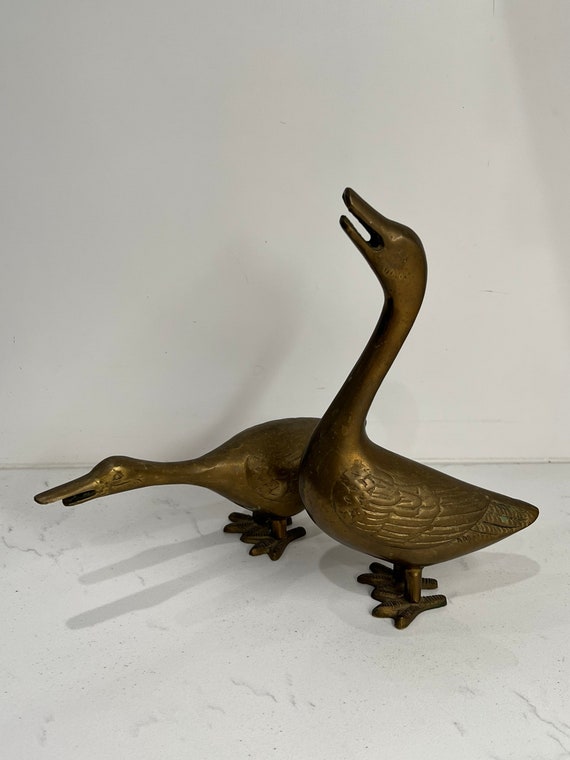 Vintage 2 Solid Brass Geese Pair Duck Figurines MCM Brass Goose