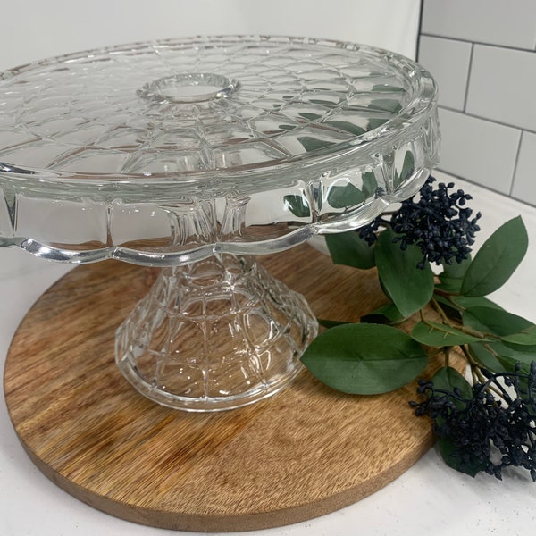 Vintage Rumwell Crystal Glass Cake Stand With Diamond Design Plate | Retro Cake Serving Kitchen Decor | Imperial Wedding Cake Plate