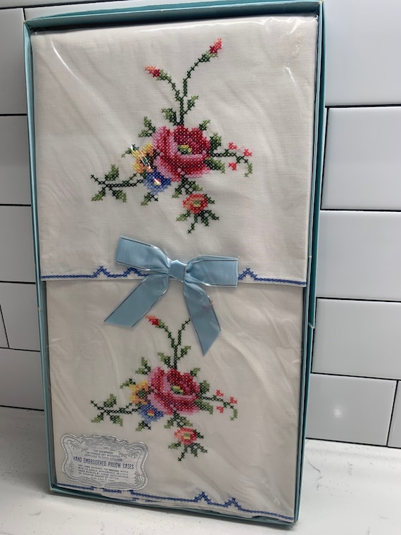 Vintage Heritage Hand Embroidered Flowers Pillow Cases New in Box Full Standard Size Etsy
