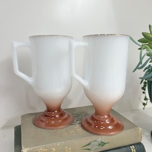 Federal Glass Irish Coffee Pedestal Mugs in White & Brown USA Vintage