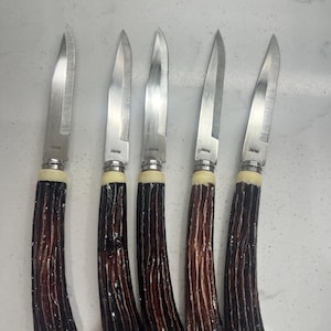 Vintage Set of 5 Faux Deer Antler Handle Steak Knives Stainless Steel Japan Rustic