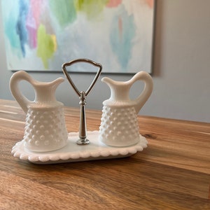Fenton White Hobnail Glass Cruet Set with Handled Tray | White Hobnail Vintage Oil and Vinegar Set