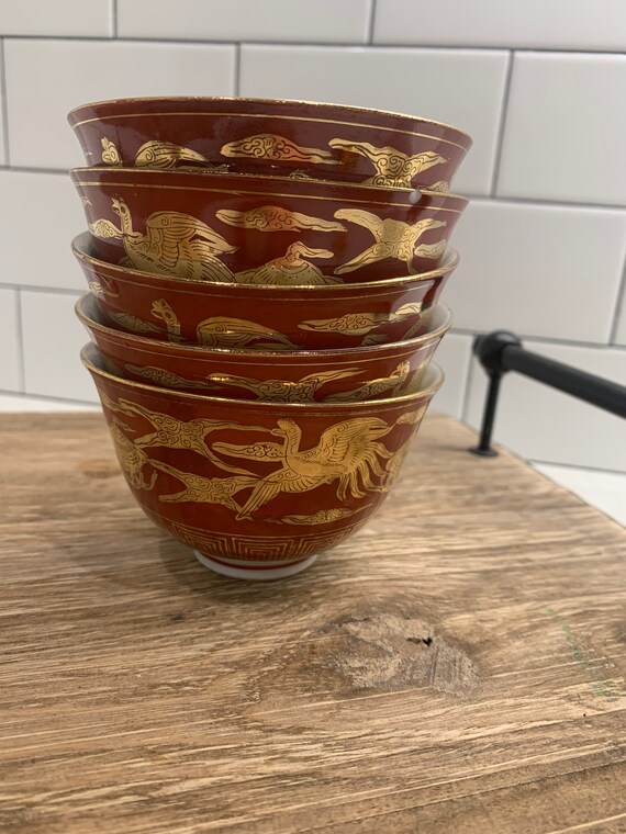 Jiu Gu Satsuma Red and Gold Antique Japanese Ramekin Bowls Etsy