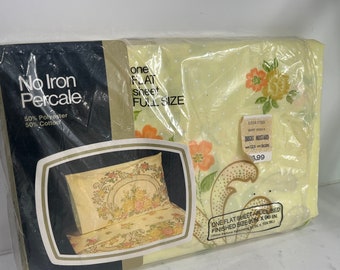 Vintage JC Penney Full Size Flat Sheet Floral Pale Yellow No Iron Percale | Mid Century Yellow Sheet