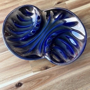 MCM USA Pottery Cigar Ashtray #102 Blue & Gold Drip Ware Divided Dish Art Deco Ceramic Ashtray