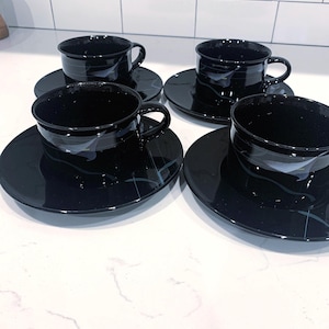 Vintage Mikasa Galleria Black Opus FK701 Cala Lily Short Mugs and Saucers (4)