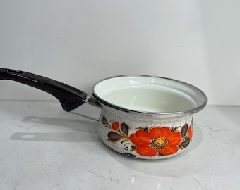 Vintage Sanko Ware Japan Porzellan Emaille Waren Orange MCM Land Blumen Floral Japan Ofen zu Tisch Kochgeschirr Kochtopf Pfanne Japan
