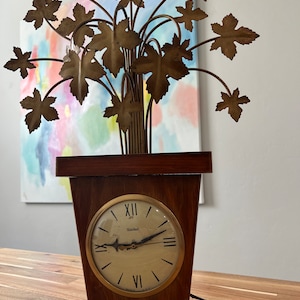 United Vintage Brass Leaves Wooden Mid Century Wall Clock | Mid Century USA Working Clock