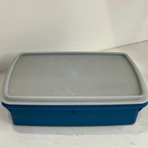Puede incluir: Un recipiente rectangular de almacenamiento de alimentos de color turquesa con una tapa gris. La tapa tiene una forma redondeada y una pequeña hendidura circular en el centro. El recipiente es de plástico.