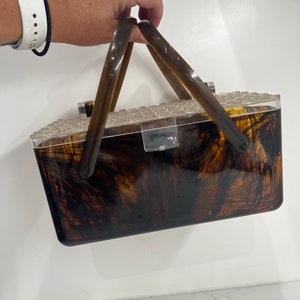 Vintage Lucite Tortoise Amber Box Handbag 1950s Basket Handle Bakelite Purse