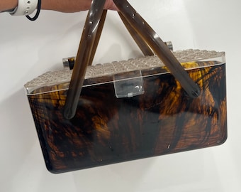 Vintage Lucite Tortoise Amber Box Handbag 1950s Basket Handle Bakelite Purse