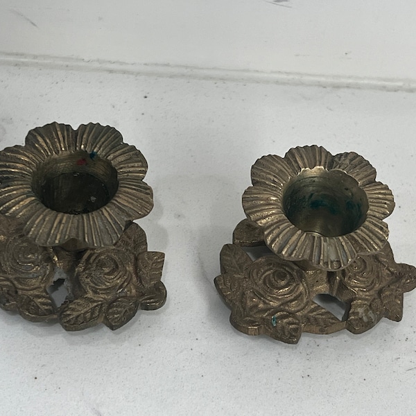 Brass Flower Roses Taper Candlestick Holder Vintage Made in India Set Of Two Home Decor