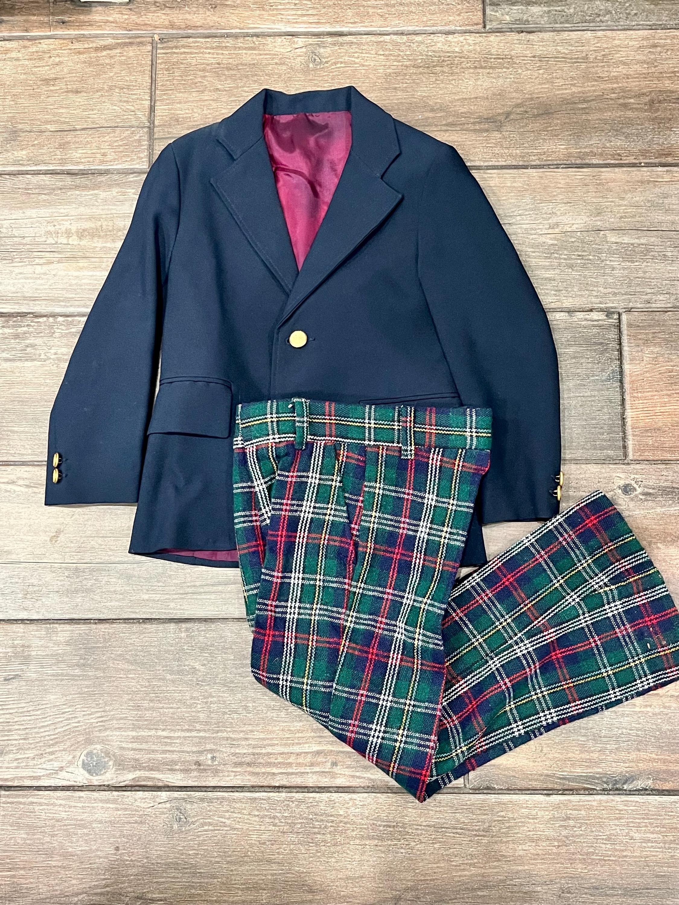 Vintage Boys Suit W/plaid Pants Matching Navy Blazer Union Made