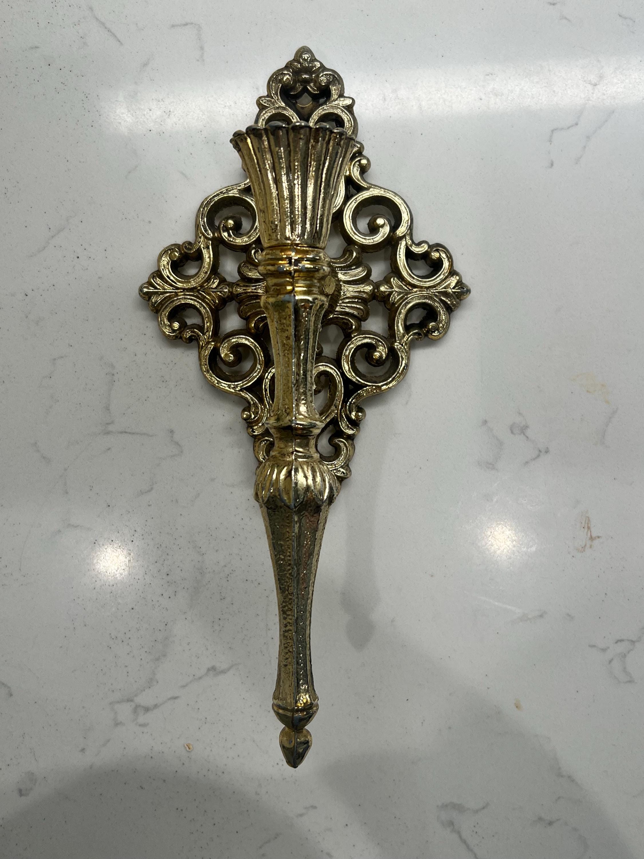 Hollywood Regency Cast Metal Gold Wall Sconces / Candle Holder
