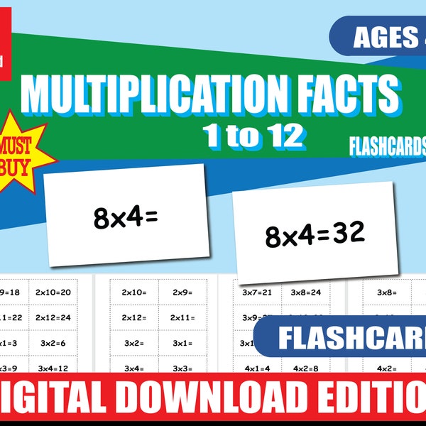 Tarjetas didácticas imprimibles de operaciones de multiplicación / 144 operaciones