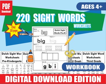 220 Dolch Sight Word Worksheets | Printable PDF | Pre-K to 3rd Grade | High-Frequency Word Practice | 220+ Pages | Literacy Printable