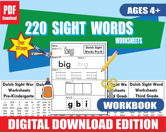 220 Dolch Sight Word Worksheets | Printable PDF | Pre-K to 3rd Grade | High-Frequency Word Practice | 220+ Pages | Literacy Printable