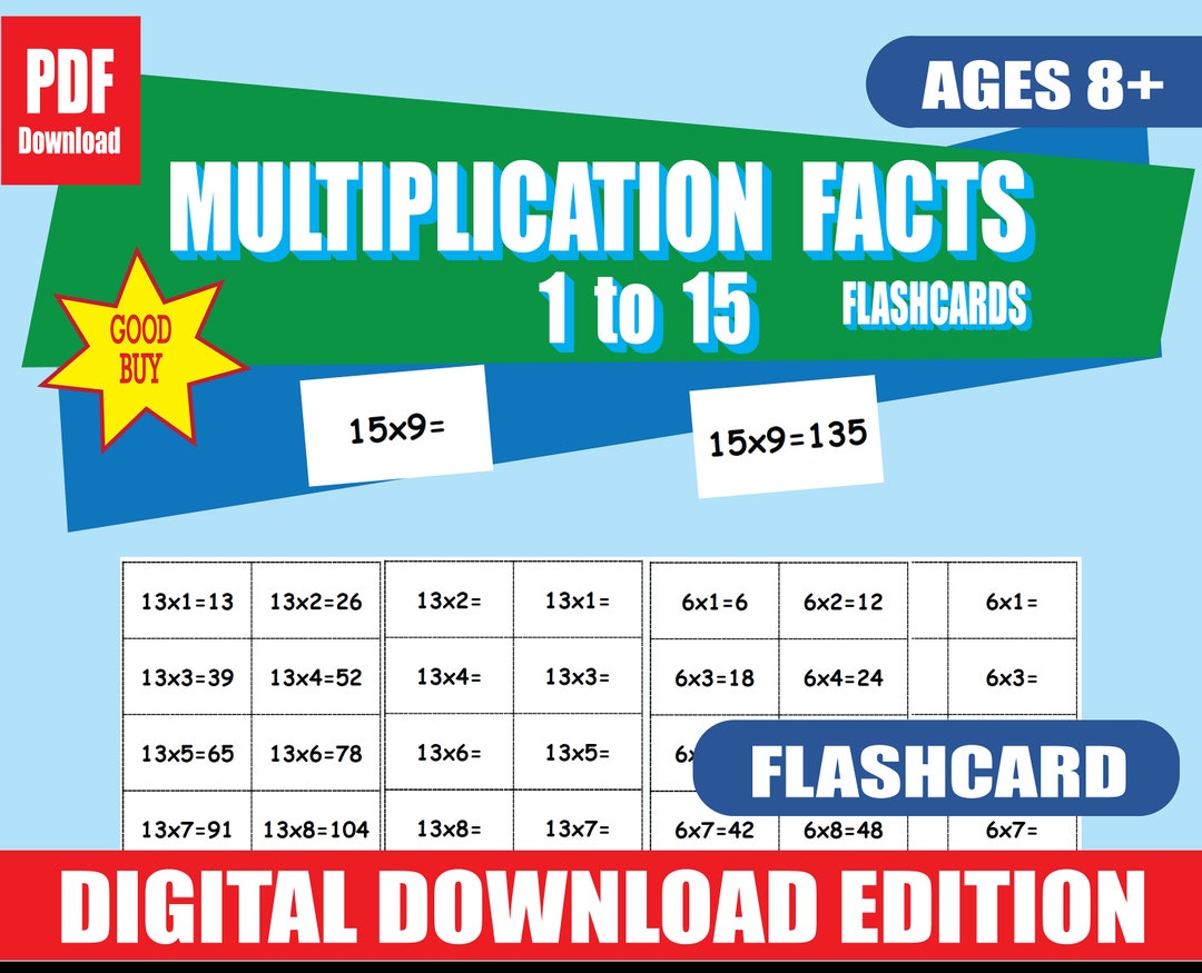 Multiplication Facts Printable Flashcards 1 to 15 Etsy