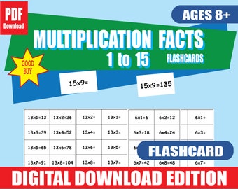 Printable Multiplication Flashcards 1–15 | 225 Facts + Chart | Double-Sided | Math Facts PDF | Homeschool & Classroom Learning