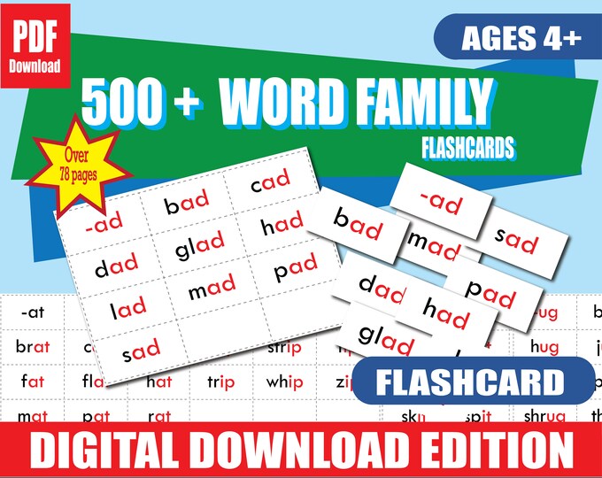 500+ Word Family Flashcards | Printable Phonics & Sight Words | 78 Pages | Pre-K to 3rd Grade | ELA Centers and At-Home Learning PDF