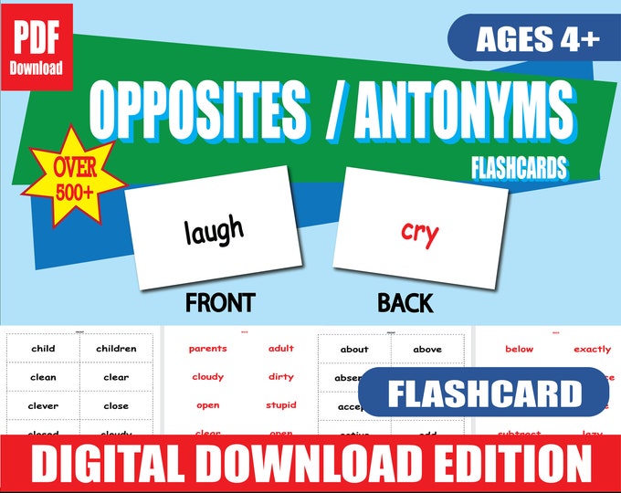 500+ Opposites & Antonyms Flashcards | Printable PDF | K–4 Learning | Double-Sided | Vocabulary Builder | Preschool and Classroom Use