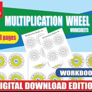 Pode incluir: Um caderno de exercícios digital com folhas de trabalho da roda de multiplicação. A capa apresenta o título "Multiplication Wheel Worksheets" em texto branco sobre um fundo azul e verde. Inclui 118 páginas.