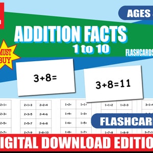 Flashcards de adição para impressão 1–10 | Domine os fatos básicos | Frente e verso | PDF de fatos matemáticos + gráfico | Uso em casa e na sala de aula