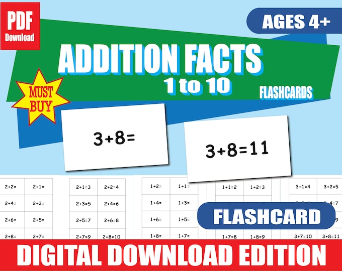 Printable Addition Flashcards 1–10 | Master Basic Facts | Double-Sided | Math Facts PDF + Chart | Homeschool & Classroom Use