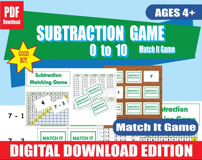 Matching Game Printable |100 Subtraction Flashcards |  Memorize Calculations Fast