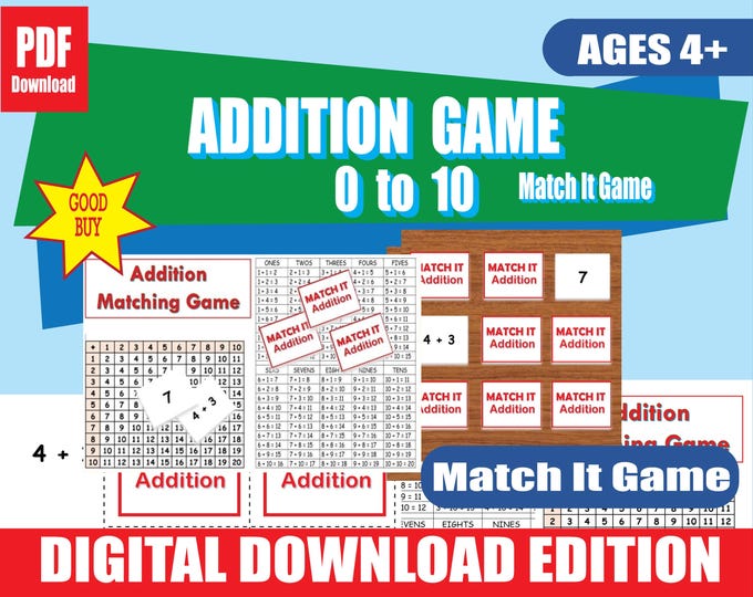 Matching Game Printable, 100 Addition Flashcards, Memorize Calculations Fast