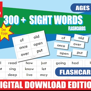 Mais de 300 palavras Dolch Sight Words + 95 Flashcards de substantivos | PDF para impressão | Prática de palavras de alta frequência para o jardim de infância e a 3ª série | 60 páginas | Palavras de leitura essenciais