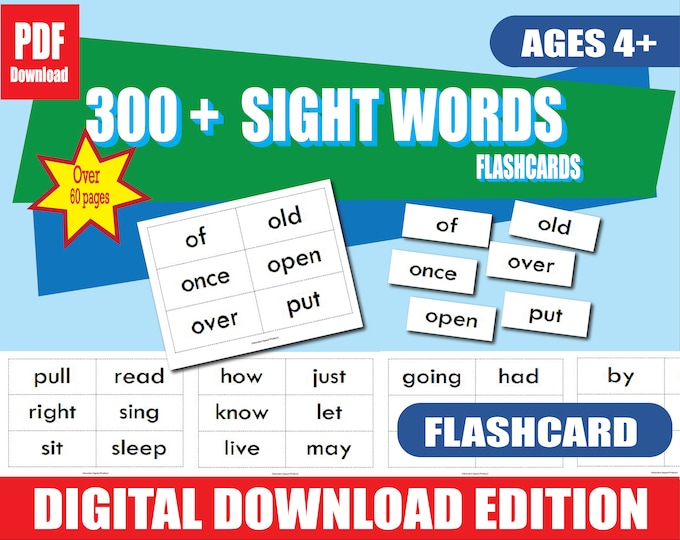 300+ Dolch Sight Words + 95 Nouns Flashcards | Printable PDF | K–3 High-Frequency Word Practice | 60 Pages | Must-Know Reading Words