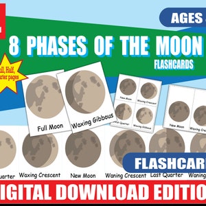 Moon Phases Flashcards Printable | Full, Half & Quarter Page Sizes | Learn Lunar Cycle | Science PDF for Grades K–4 | Homeschool Tool