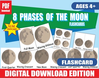 Moon Phases Flashcards Printable | Full, Half & Quarter Page Sizes | Learn Lunar Cycle | Science PDF for Grades K–4 | Homeschool Tool