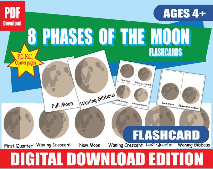 Moon Phases Flashcards Printable | Full, Half & Quarter Page Sizes | Learn Lunar Cycle | Science PDF for Grades K–4 | Homeschool Tool