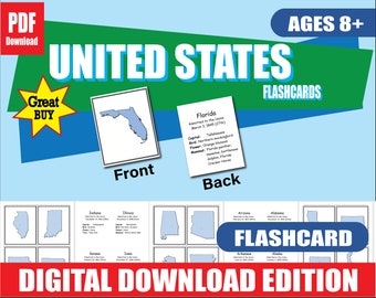 50 U.S. States & Capitals Flashcards | Printable PDF | State Birds, Flowers, Animals Included | Double-Sided | Homeschool and Classroom