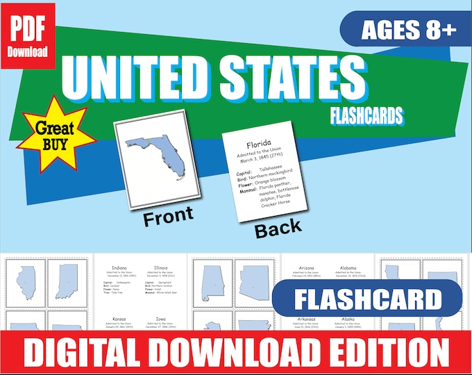 50 U.S. States & Capitals Flashcards | Printable PDF | State Birds, Flowers, Animals Included | Double-Sided | Homeschool and Classroom