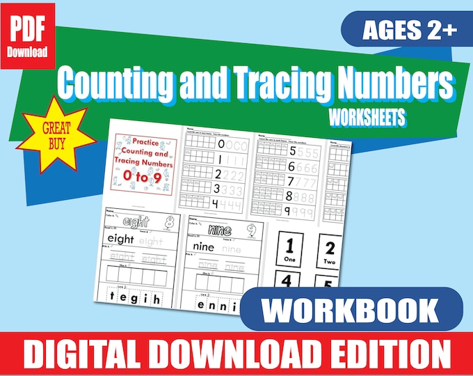 Preschool Numbers Worksheets and Flashcards | Count & Trace 0 to 9 | Printable Activities for Toddlers, Pre-K, Kindergarten | PDF