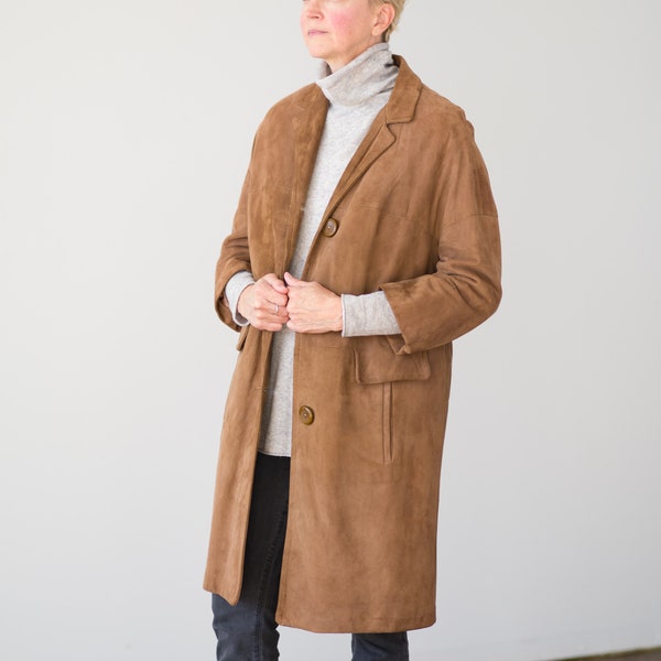 Vintage Brown Suede Women Coat with Zip Out Lining // Car Length Button Up Removable Winter Lining