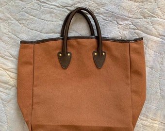 The Quality Mending Co Small Canvas Tote Leather Handles Brass Hardware Caramel Rust Color