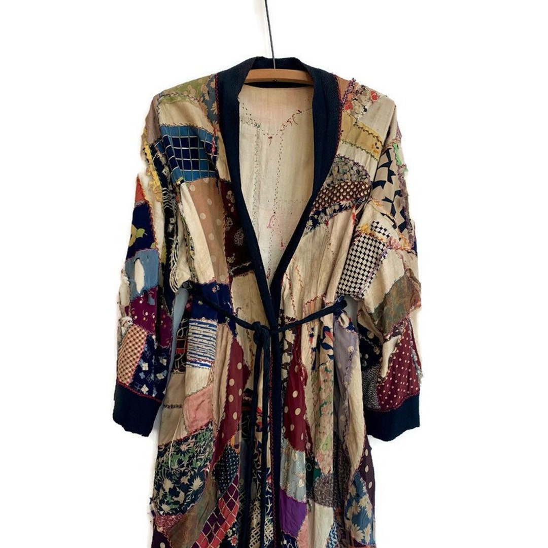 Antique Silk Crazy Quilt Robe With Silk Tie Belt Etsy