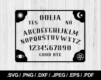 May include: Black and white Ouija board with the letters of the alphabet, numbers 1-9 and 0, and the words "YES", "NO", and "GOOD BYE". The board is surrounded by a black frame with a crescent moon, sun, eye, and pentagram symbols.