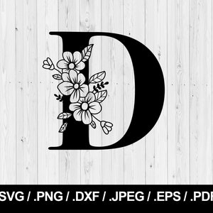 Carta Floral D. Letra Floral SVG PNG, JPEG, eps, ai, pdf y dxf. Fuente Monograma. Descarga instantánea