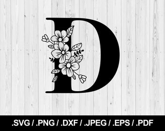 Flower Letter D. Floral Letter SVG PNG, JPEG, eps, ai, pdf and dxf. Monogram Font. Instant download