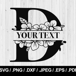 Flor dividida letra D. Carta floral SVG PNG, JPEG, eps, ai, pdf e dxf. Fonte do monograma. Download instantâneo